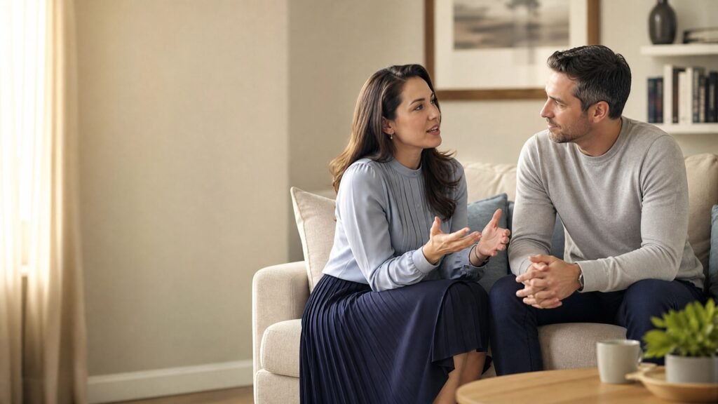 husband and wife having a calm conversation at home