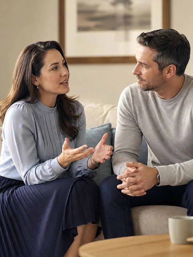 Woman explaining her point to her partner on a couch during a couples counseling conversation