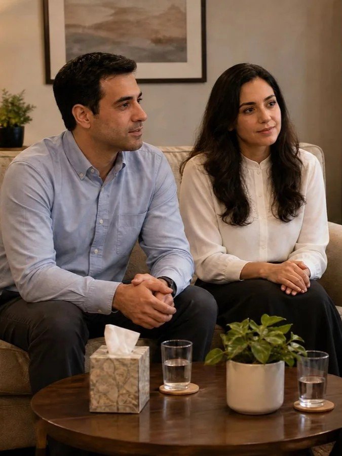 Couple sitting side by side on a couch in a calm counseling office, listening attentively