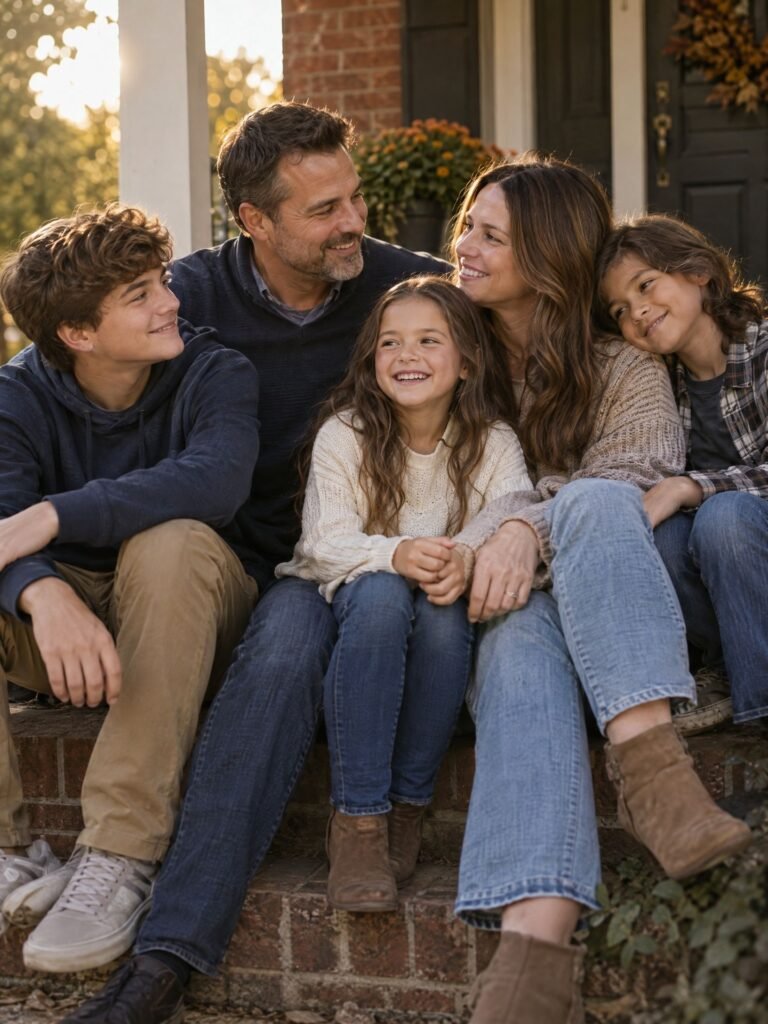 Blended family sitting close together on porch steps at golden hour, family counseling in Atlanta, GA