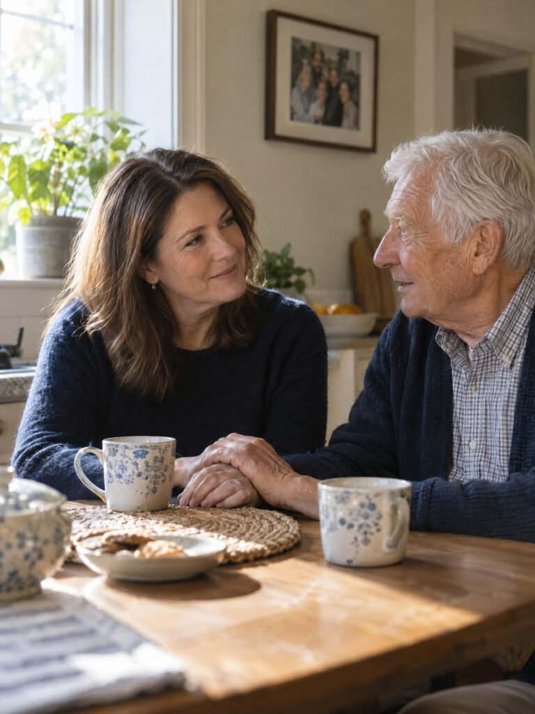 Adult daughter holding her elderly father's hand at a kitchen table, caregiving and family reconnection