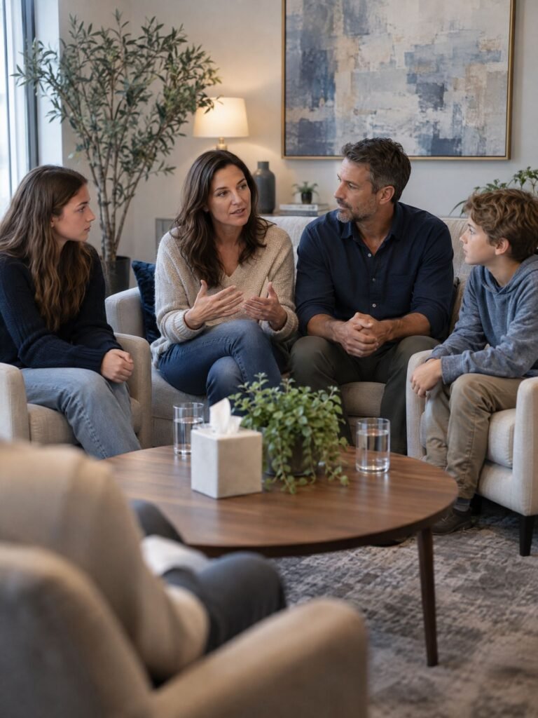 Adult daughter holding her elderly father's hand at a kitchen table, caregiving and family reconnection