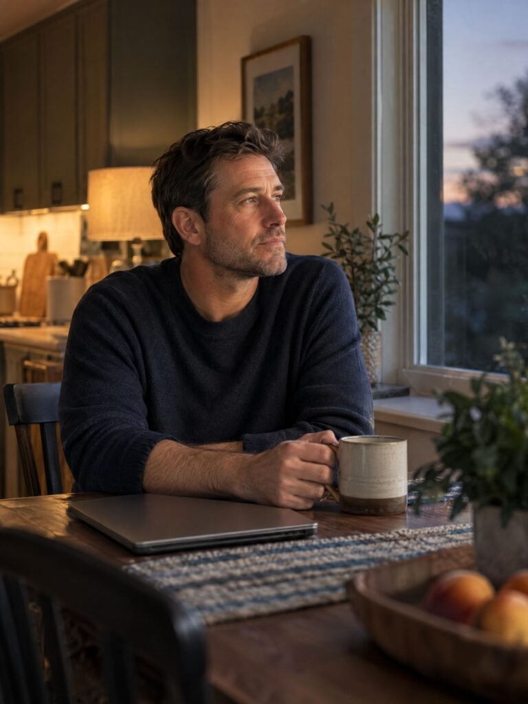 Man sitting at a kitchen table in the evening, reflecting on stress and life direction