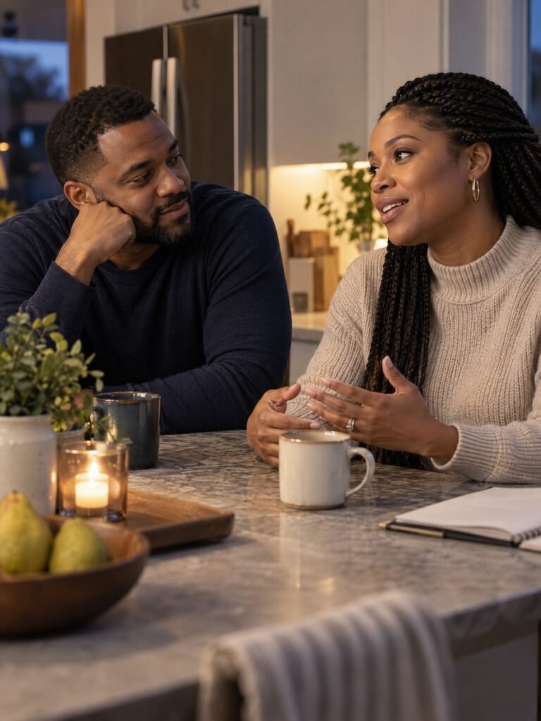 Husband listening attentively to his wife during a calm conversation at home