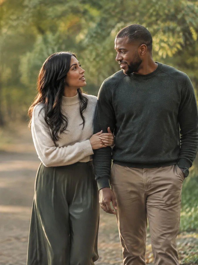 Couple smiling at each other while walking arm in arm, marriage counseling in Atlanta, GA