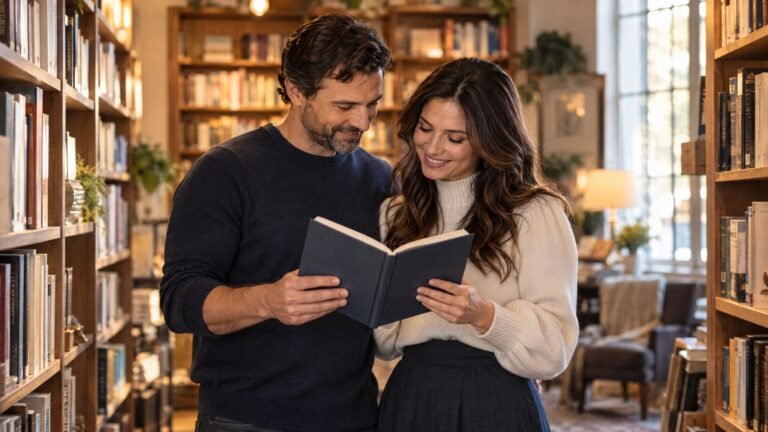 Couple browsing a shared marriage journal in a bookstore, symbolizing communication and understanding in marriage counseling.