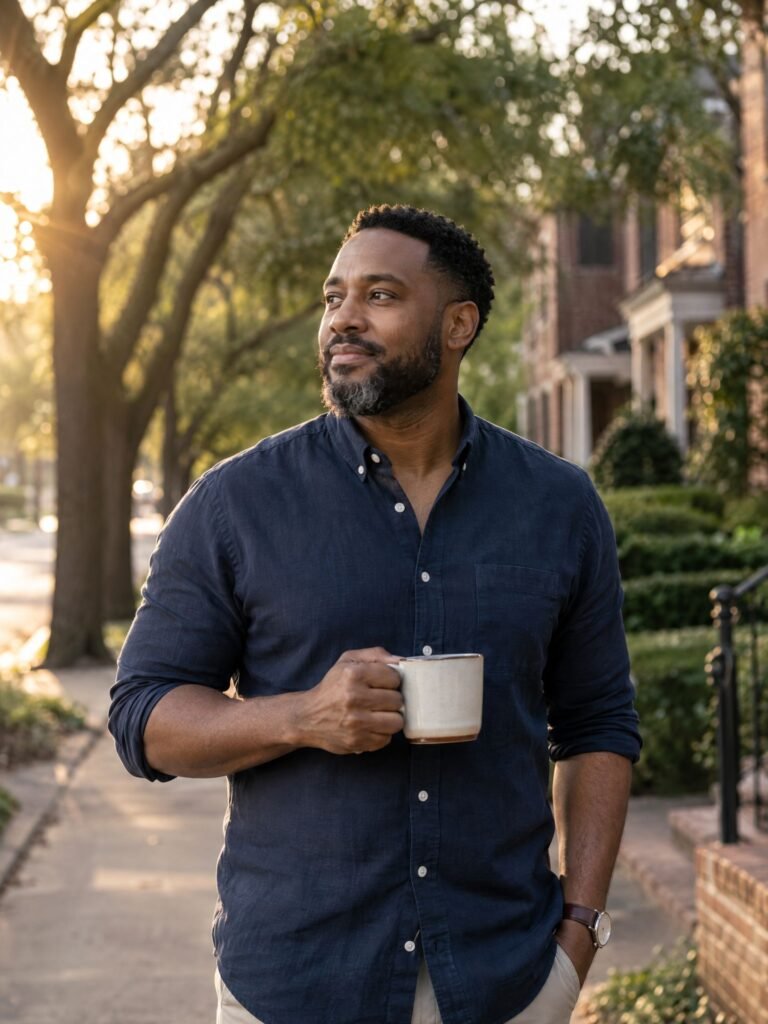 Man standing outside at golden hour with a coffee mug, looking thoughtful, men's counseling in Atlanta, GA
