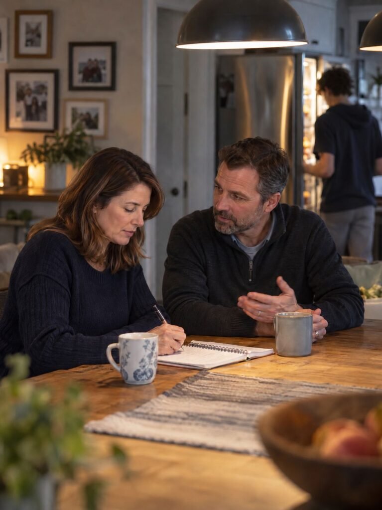 Parents at a kitchen table making a plan together while their teenage son walks by in the background