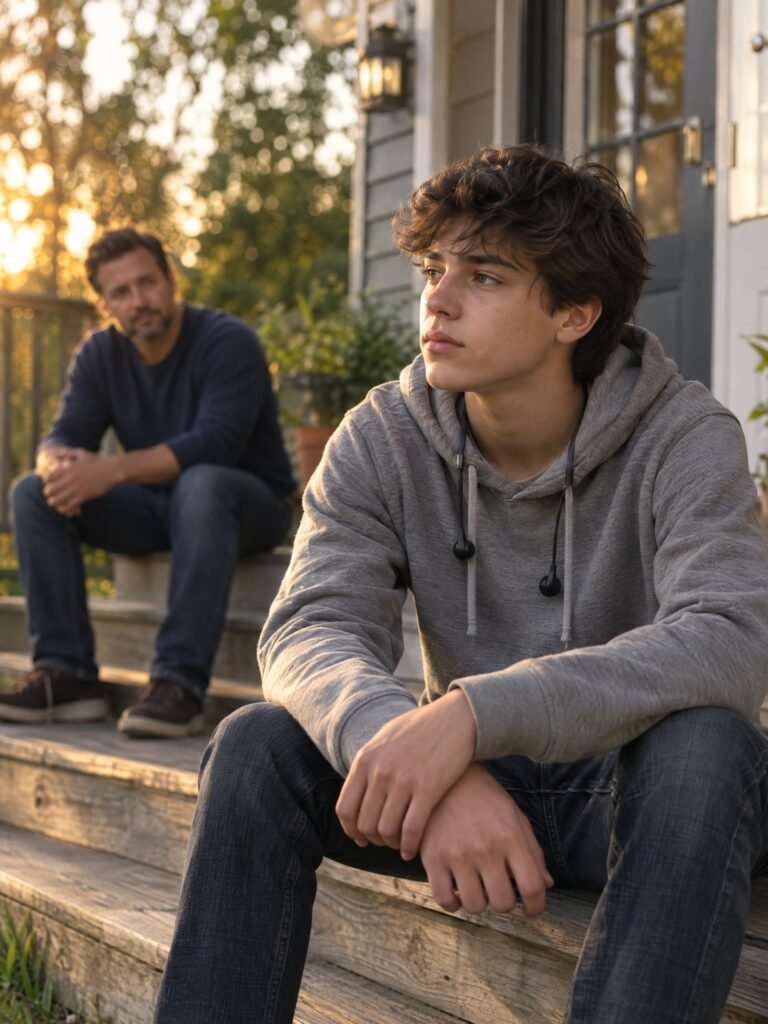 Parents at a kitchen table making a plan together while their teenage son walks by in the background
