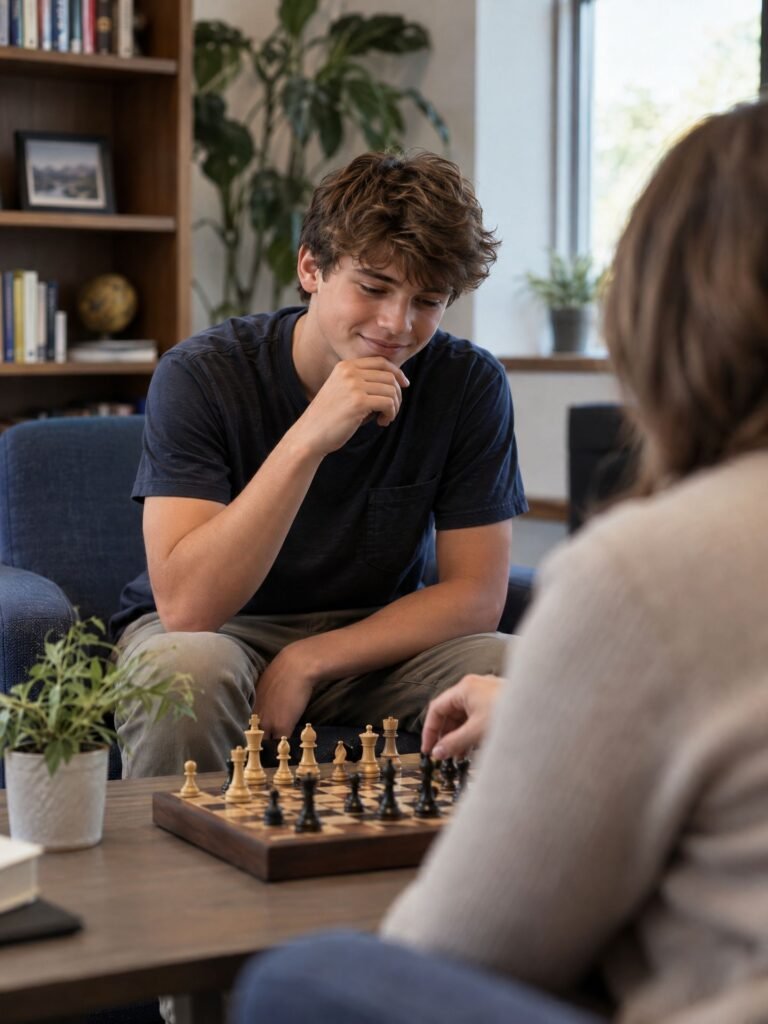 Teen boy playing chess with a counselor in a relaxed, pressure-free session