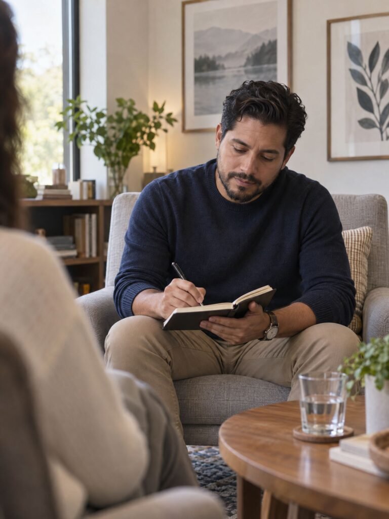Man taking notes during a counseling session in a bright office
